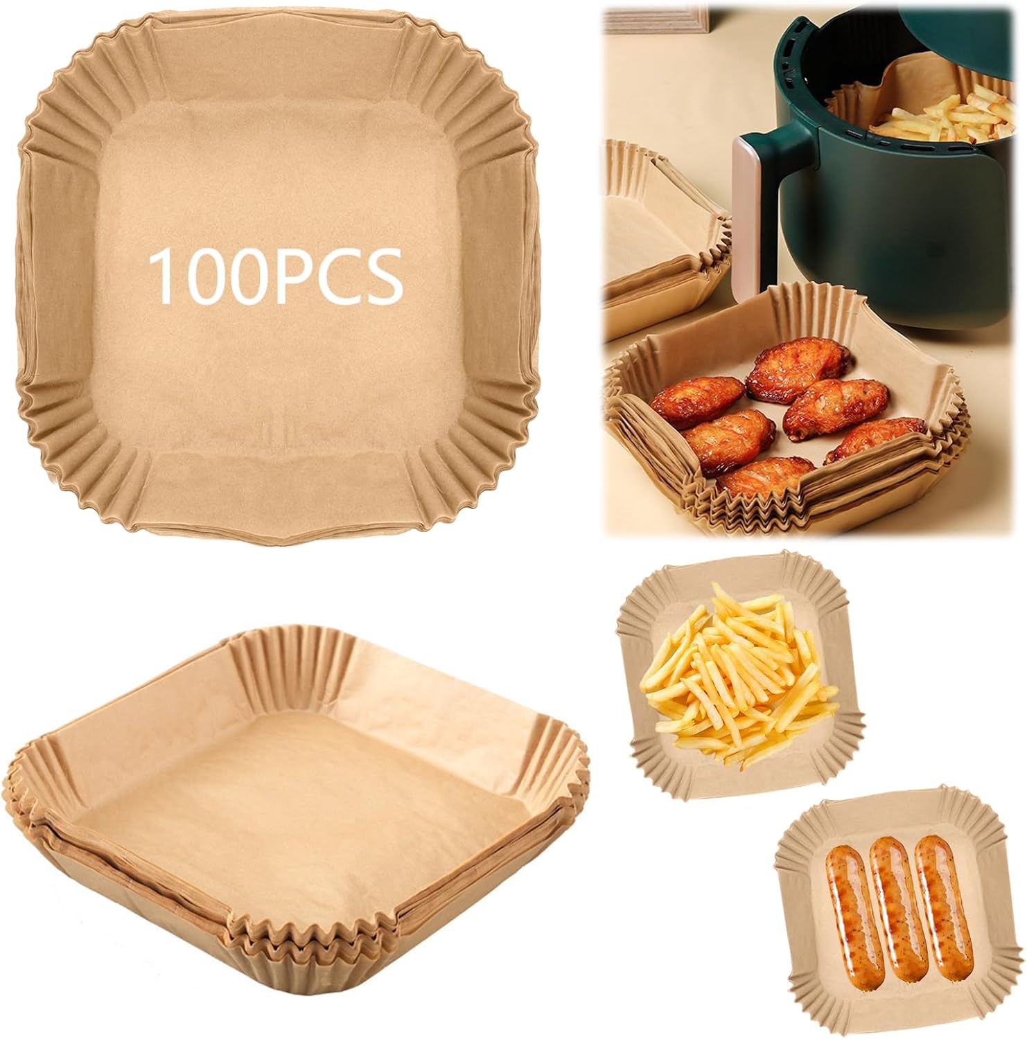 100 Stück Backpapier Für Heißluftfritteusen, 18x18 Cm Quadratisches Backpapier Für Heißluftfritteusen