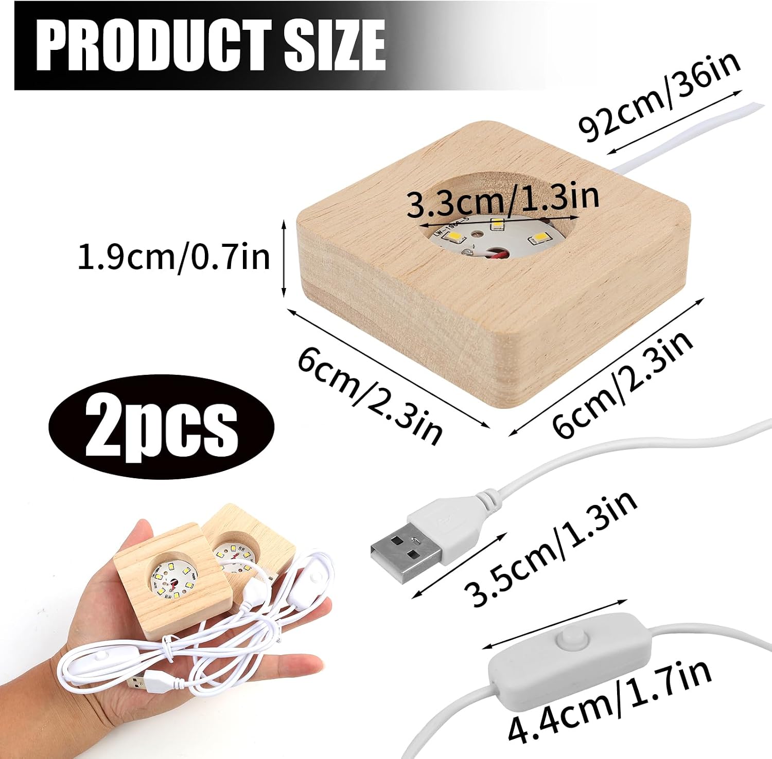 Set Aus 2 Holzsockeln Für Led-kristalldisplays, Warmweiße Quadratische Usb-leuchten, Glas, Harz Und Schmuck, Für 3d-kristalllaserbildschirme