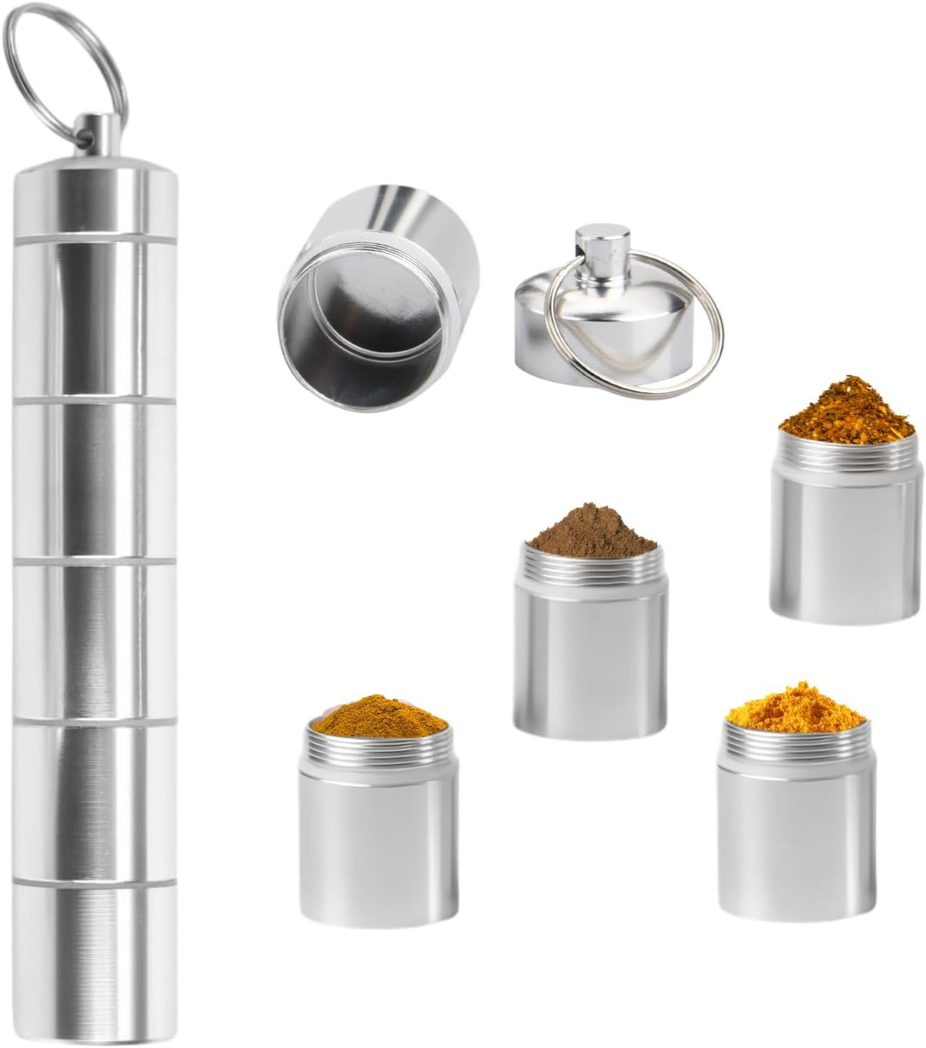 5-in-1 Gewürzbox, Mini-gewürzgläser Mit Schlüsselanhänger, Mini-salzstreuer Für Reisen, Tragbare Gewürzbehälter Aus Aluminiumlegierung, Für Camping, Wandern, Picknicks Und Grillabende