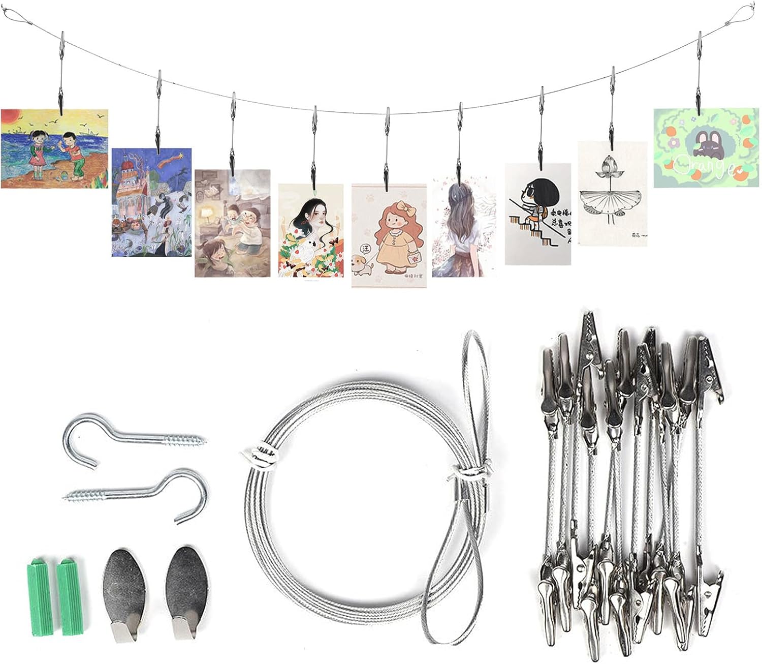 Fotoclips Aus Metalldraht Mit 12 Krokodilklemmen, 160 Cm X 2 Mm Stahl-fotokabel, Verstellbares Aufhängekabel Für Diy-fotoboxen, Stehende Fotodekorationen Und Zubehör