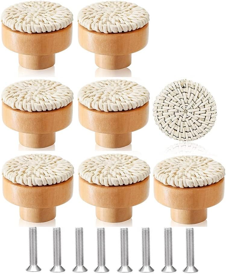 Set Mit 8 Handgefertigten, Geflochtenen Rattan-kommodenknöpfen Für Kleiderschrank Und Wohnaccessoires