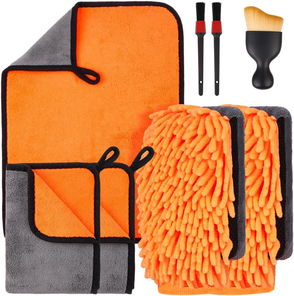 8-teiliges Autoreinigungsset, Autowaschhandschuhe, 600 G/m² Mikrofaser-autoreinigungshandschuhe, 3 Mikrofaser-waschhandschuhe, 2 Mikrofaser-autoreinigungstücher Mit 2 Detailreinigungstüchern Und 1 Kos