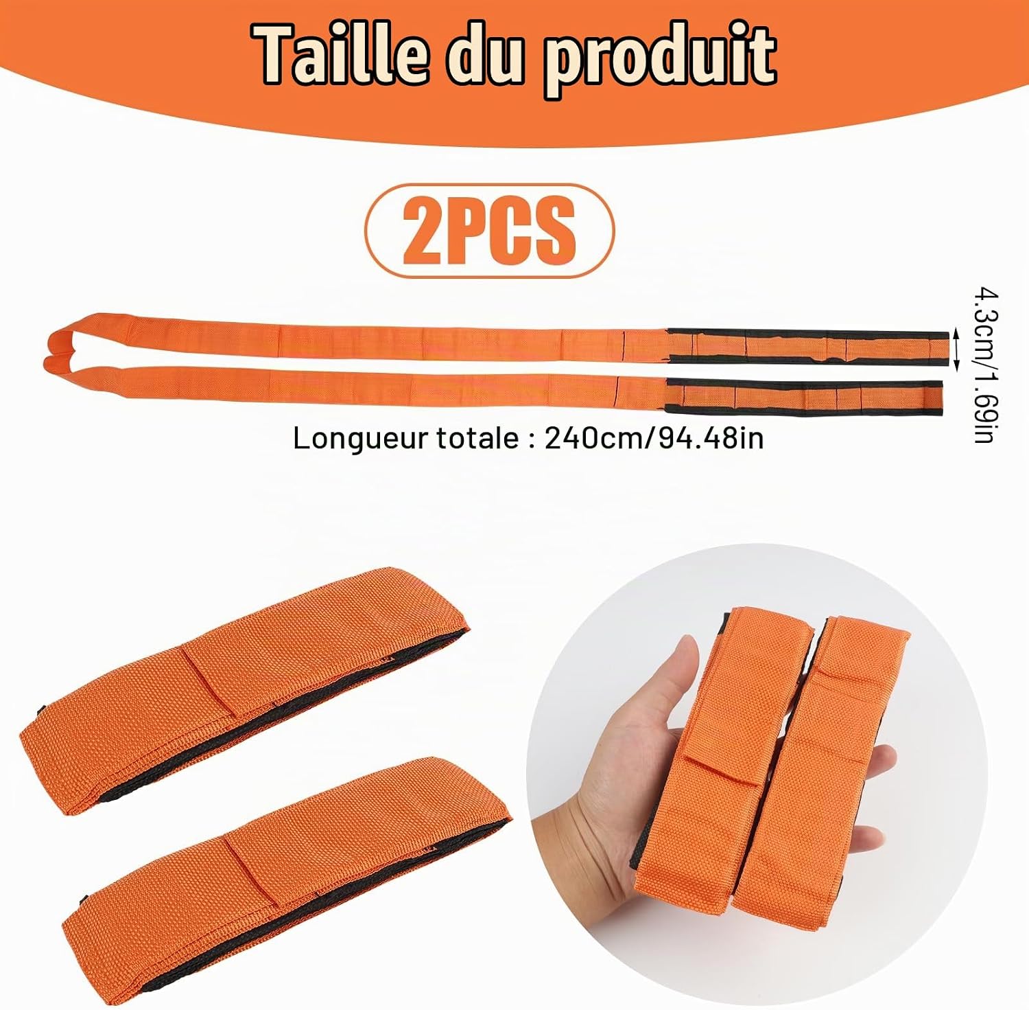 L74995cn Set Mit 2 Hebe- Und Transportgurten Für Möbel, Haushaltsgeräte Und Matratzen, Tragkraft 362,9 Kg, Für 2 Personen, 2,9 M Lang X 7,6 Cm Breit, Orange