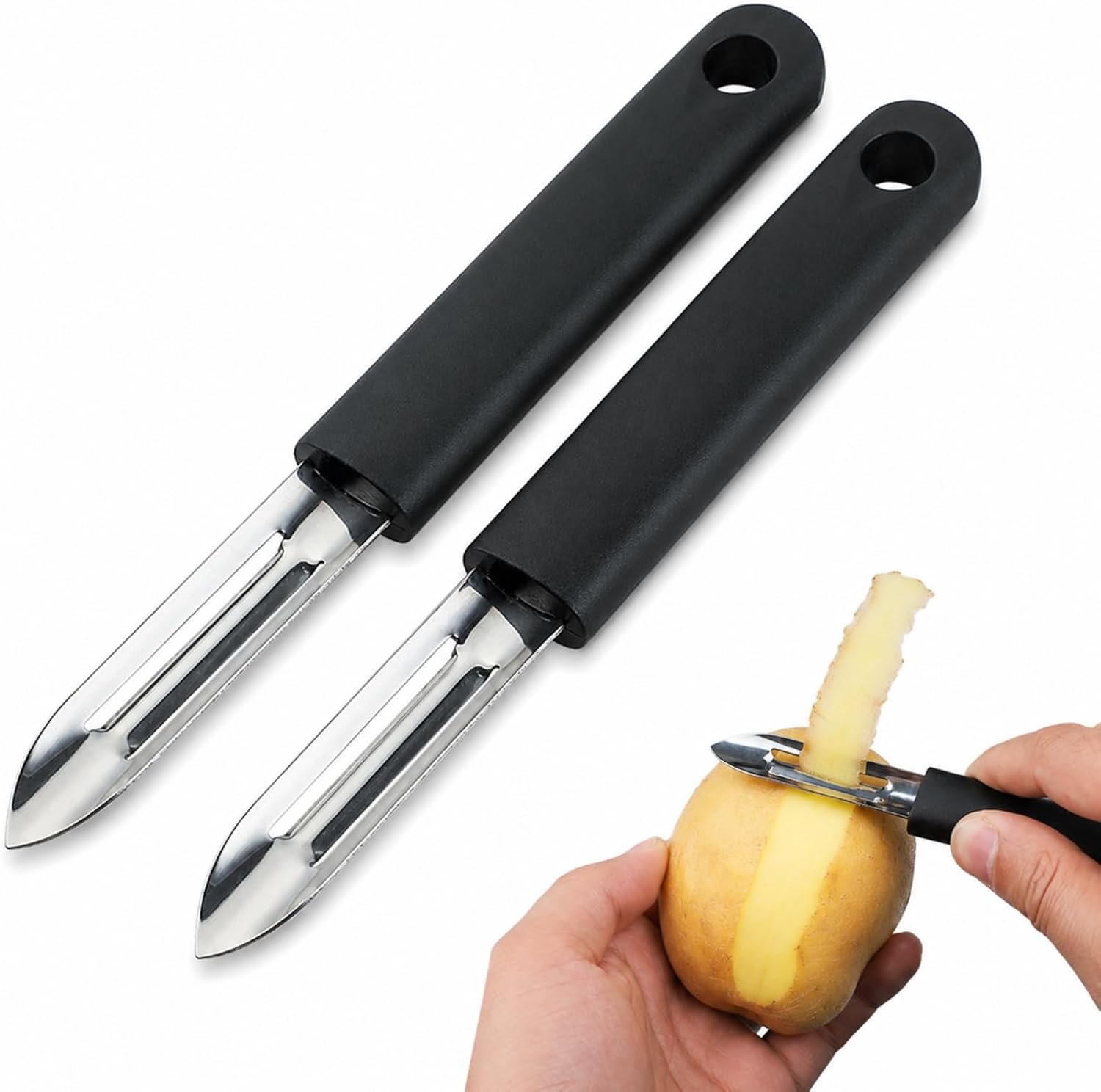 2-teiliges Edelstahl-schälerset, Gemüseschäler Und Kartoffelschäler, Küchenhelfer Für Den Täglichen Gebrauch Und Unterwegs, Schwarzes Design Mit Edelstahlklinge