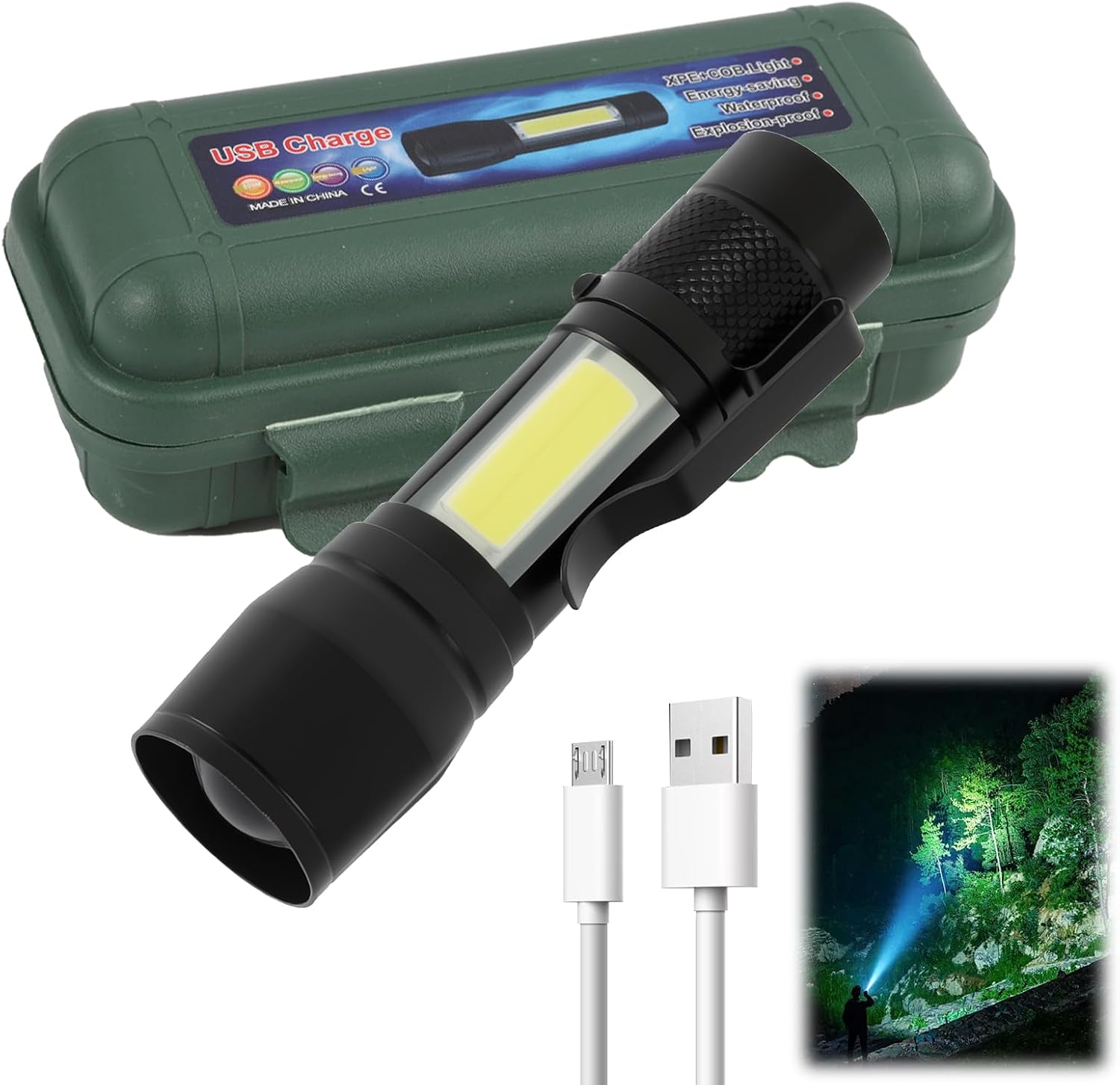 Extrem Leistungsstarke, Wiederaufladbare Led-taschenlampe – Taschenlampe Mit Einstellbarem Zoom, 3 Leuchtmodi (fernlicht, Stroboskop, Cob-seitenlicht) – Robust Und Ideal Für Camping, Angeln Und Notfäl