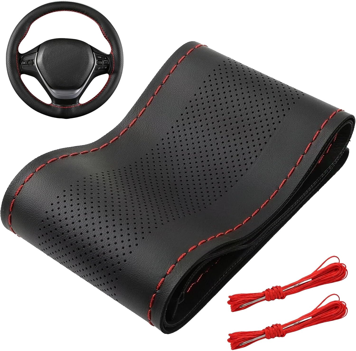 Universeller Lenkradbezug Aus Mikrofaserleder, Atmungsaktiv Und Rutschfest, Handgenäht, Lenkradschutz Für Die Meisten Autos (37–38 Cm Durchmesser), Schwarz
