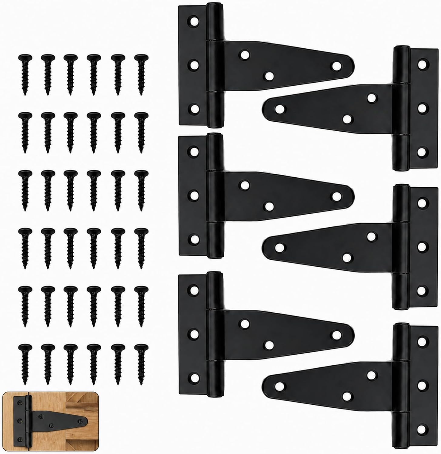 6 Stück Schwarze T-scharniere 98x64 Mm Mit Schrauben, Robuste Türscharniere Für Tore Und Scheunentüren, Schwarze Metallscharniere Für Den Außenbereich, Geeignet Für Zäune, Gartenhäuser Und Tore.