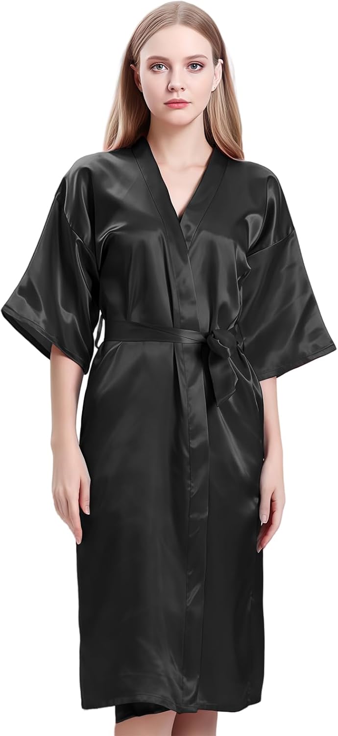 Satin-kimono Für Damen, Brautjungfern-morgenmantel, Leichter, Sexy Satin-morgenmantel Mit V-ausschnitt Und Gürtel, Einfarbig