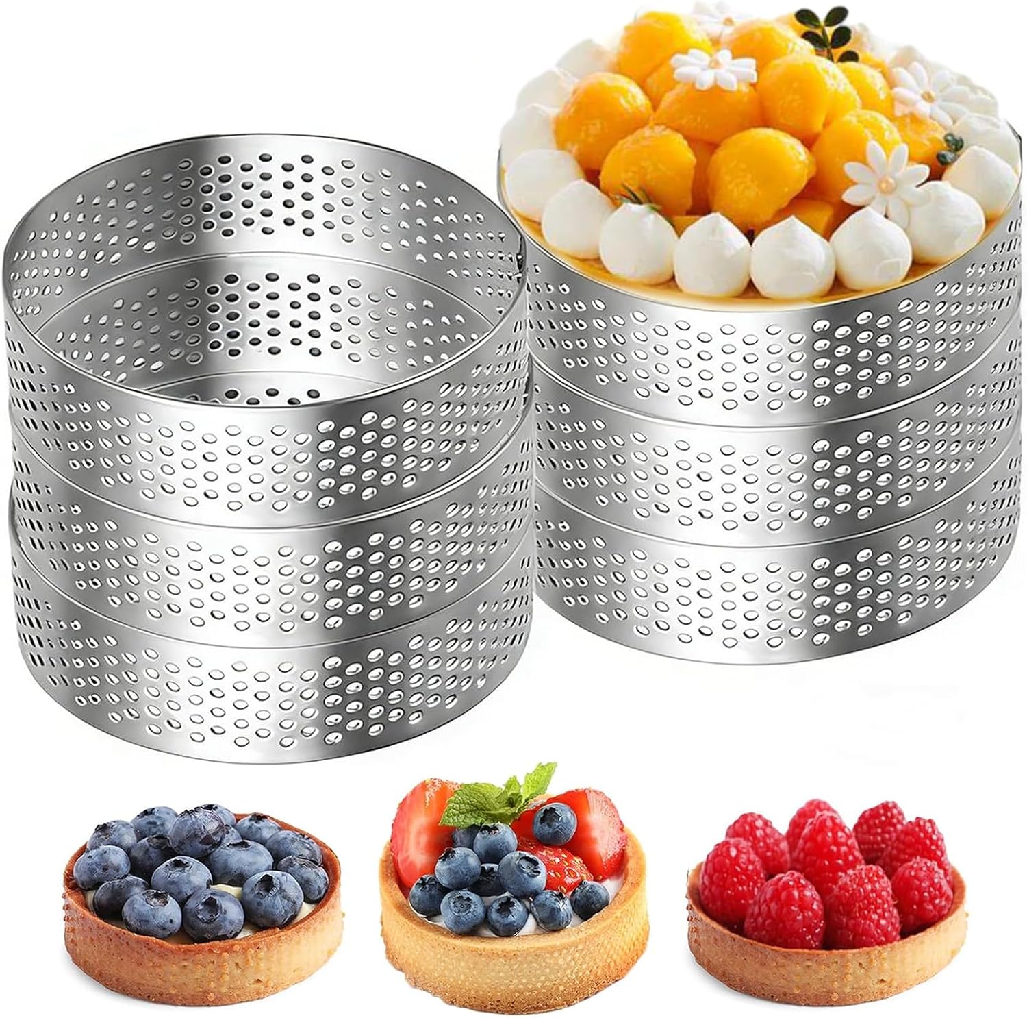 6-teiliges Set Perforierter Tarteringe, Tarteringe Aus Edelstahl 403, 8 Cm Durchmesser, Runde Tarteringe Für Kuchen, Mousse, Mini-pizzen Und Gebäck