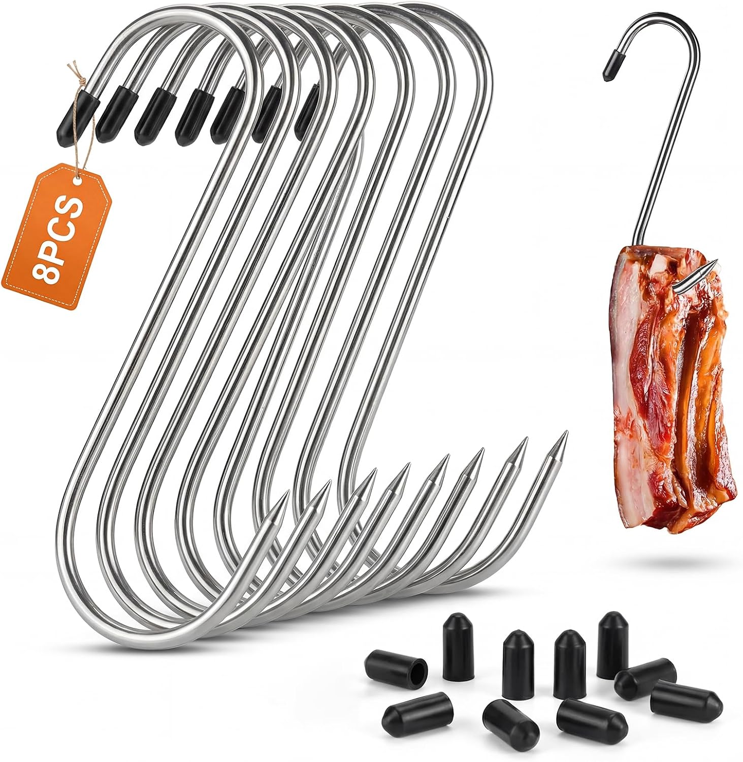 Set Mit 8 Hängenden Fleischerhaken, Tragkraft 50 Kg, 5 Mm X 18 Cm, S-förmige Fleischerhaken Aus Edelstahl, S-förmige Metallhaken, Für Metzgereien, Grills Und Grillgeräte