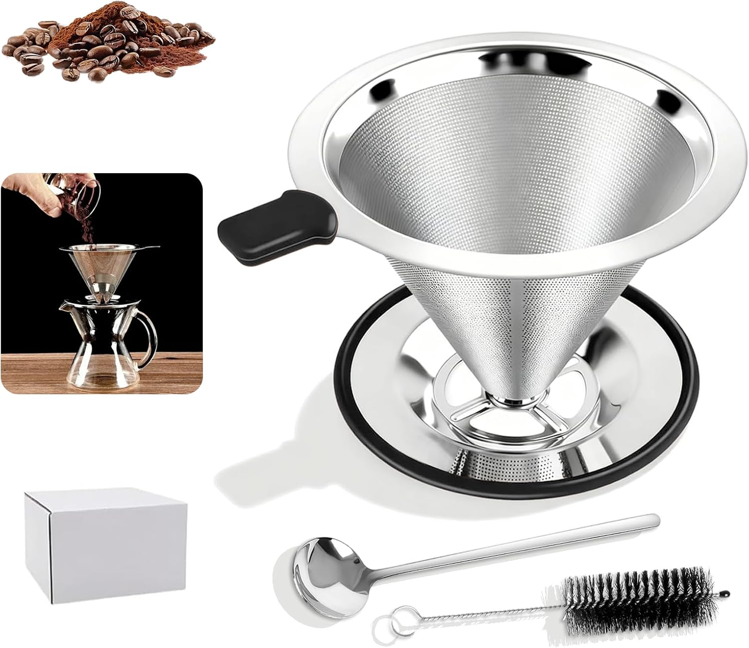 Kaffeefilter Aus Edelstahl Mit Reinigungsbürste Und Löffel, Permanentfilter Mit Basis, Wiederverwendbare Kaffeefilter, Papierlose 600-mesh-kaffeefilter Für Die Manuelle Kaffeezubereitung