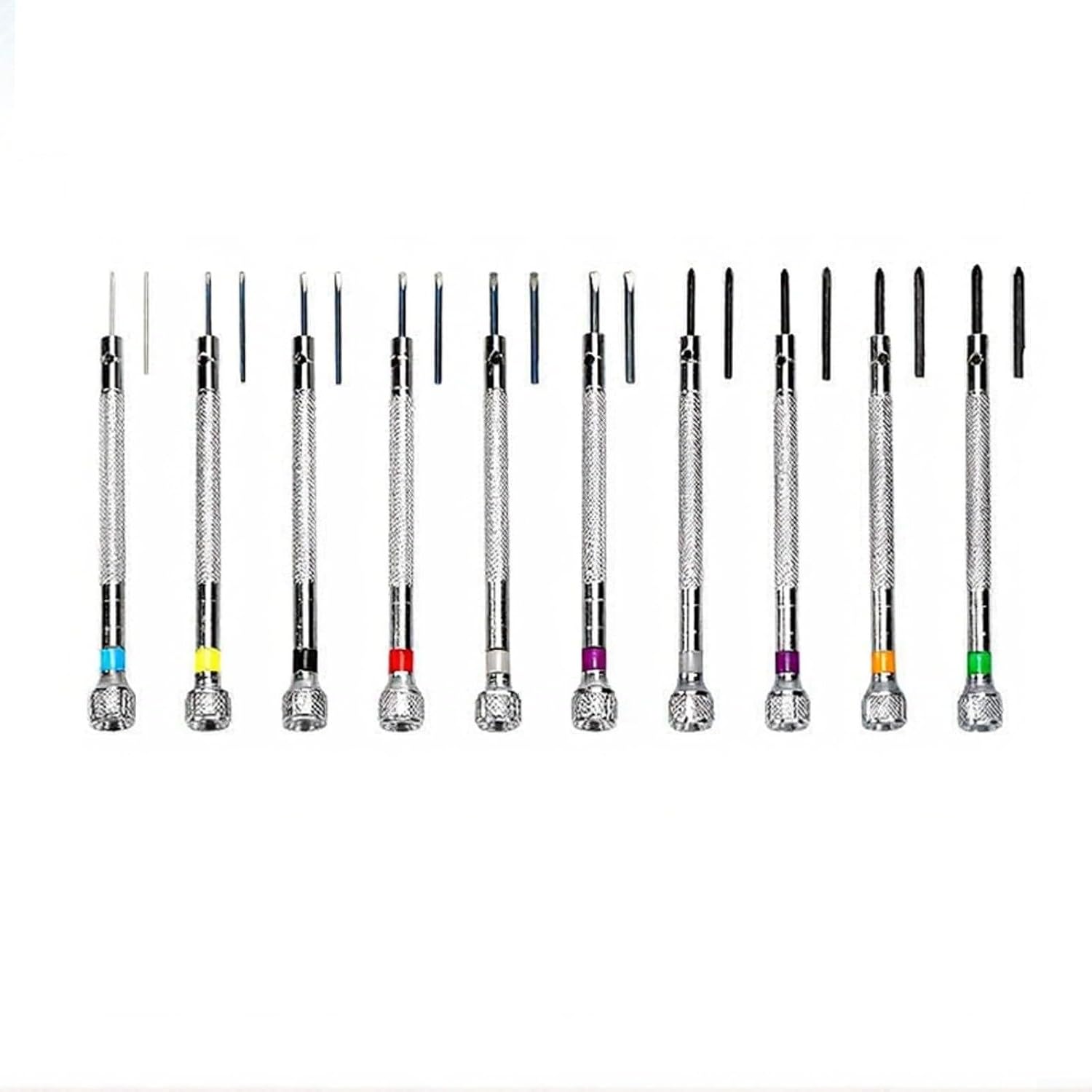 Set Aus 21 Präzisionsschraubendrehern Mit Stahlspitzen, Ergonomischem Griff Und Farbcodierten Größen Zur Reparatur Von Uhren, Brillen, Schmuck, Handys Und Metallkonstruktionen.