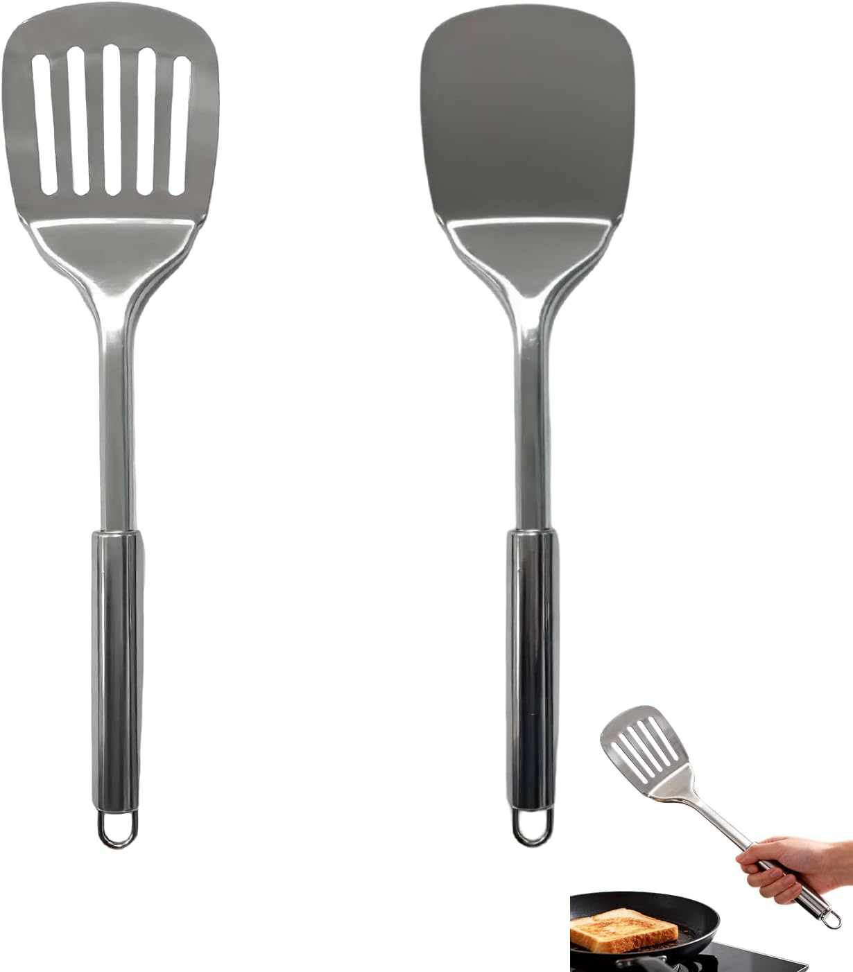 Set Mit 2 Küchenspateln Aus Edelstahl – Schlitzspatel – Massiver Spatel – Hitzebeständig – Zum Braten Und Kochen – Spülmaschinenfest