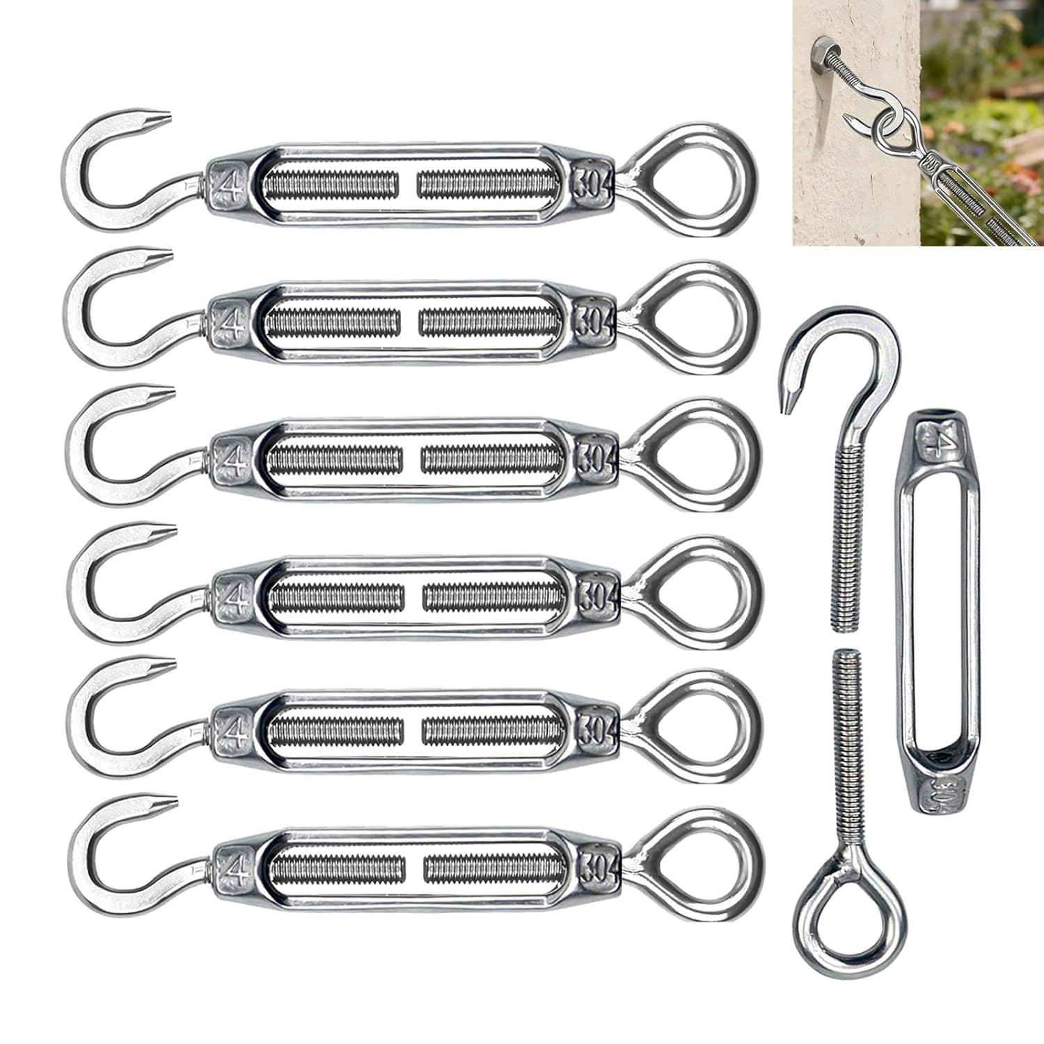 Stück M4 Edelstahl 304 Kabelspannschlösser Mit Haken Und Öse, Verstellbare Schraubspannschlösser Für Seilsysteme, Beschattung, Zäune, Gartendraht, Wäscheleinen, Lampenaufhängungen Und Außenprojekte
