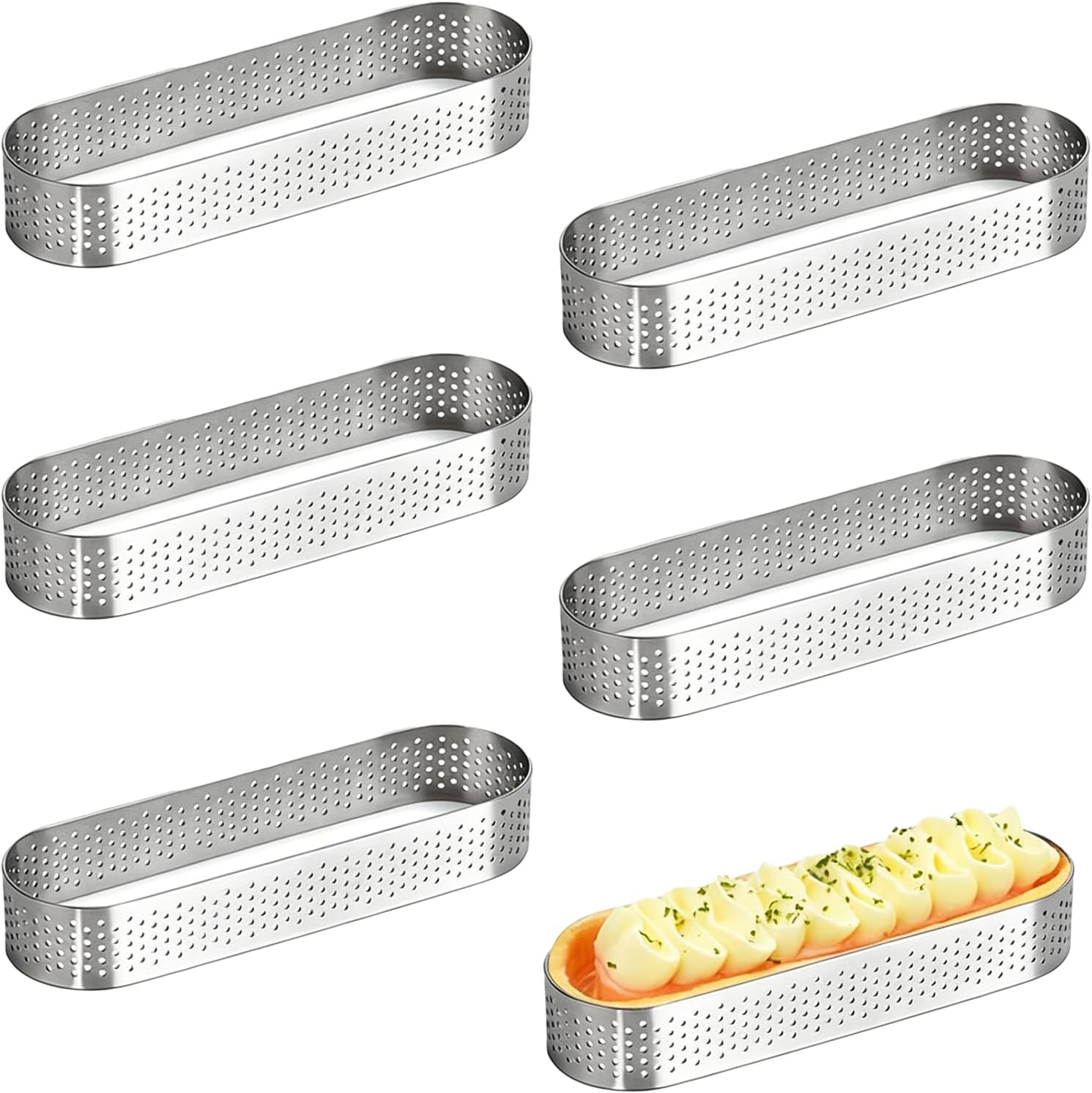 Set Mit 6 Edelstahl-tarte-ringen, Perforierte Ovale Tarte-ringe Aus Edelstahl 403, Perforierte Tarteformen Für Mousse, Quiches, Französische Desserts (13 × 4,5 × 2 Cm)