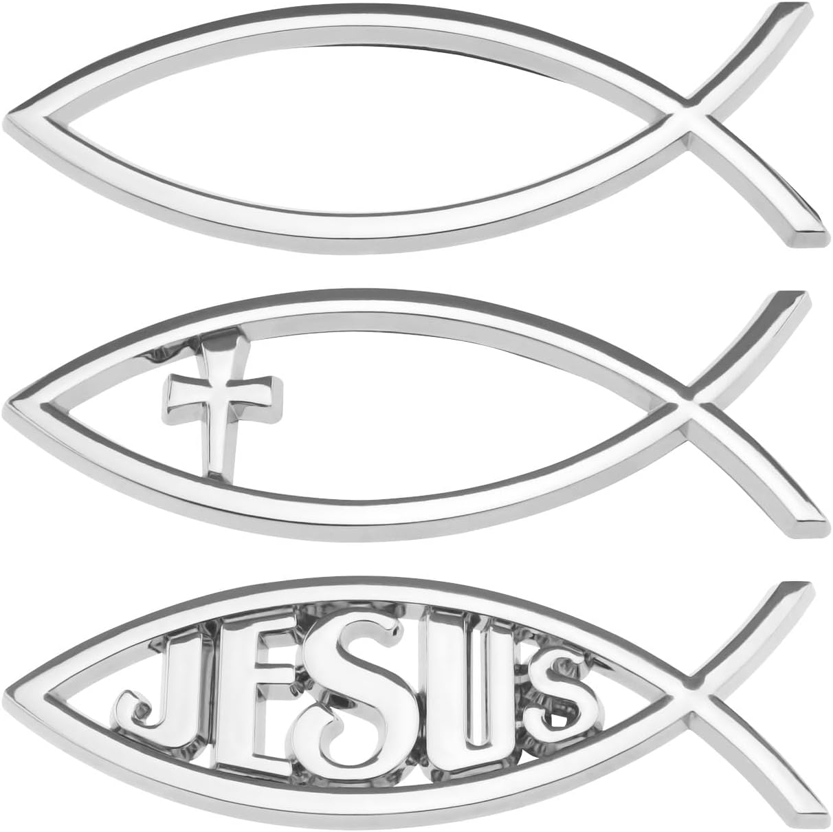 3er-set 3d-autoaufkleber Mit Jesus-fischmotiv, 3 Verschiedene Designs, Christliches Kreuz, Metall-fisch-emblem Für Autoscheiben, Laptops, Gepäck, Kühlschrank, Silber