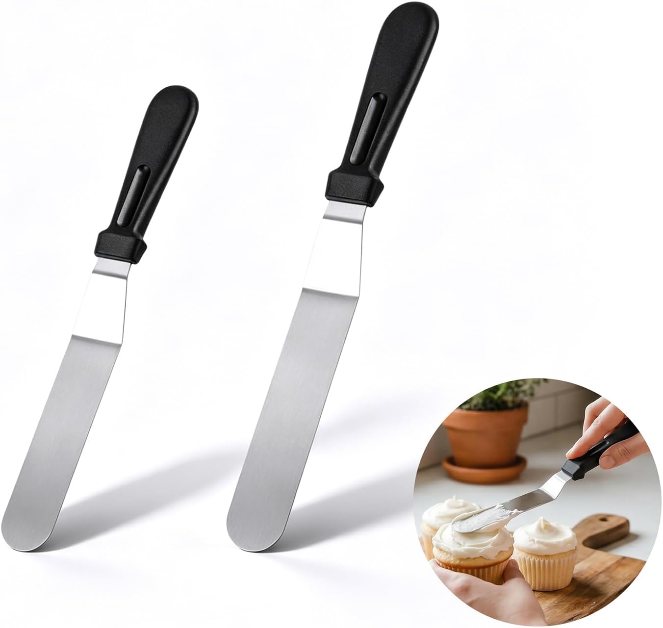 2-teiliges Gebäckspatel-set Aus Edelstahl, Abgewinkelter Gebäckspatel, Kuchenspatel Mit Rutschfestem Griff Zum Glätten Von Torten Und Kuchen, Für Glasuren, Sahne, Crêpes, Desserts Und Dekorationen