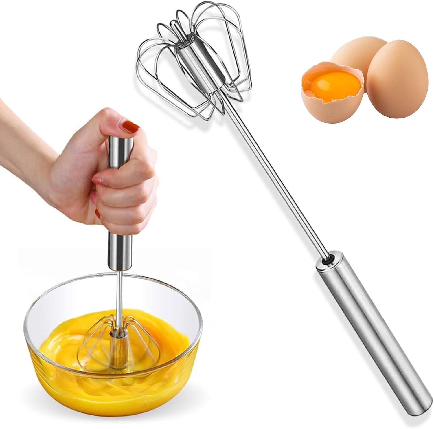 Schneebesen, Halbautomatischer Edelstahl-eierquirl, Multifunktionaler Küchen-eierquirl, Rotierender Hand-eierquirl Mit Schieber, Zum Schlagen, Rühren
