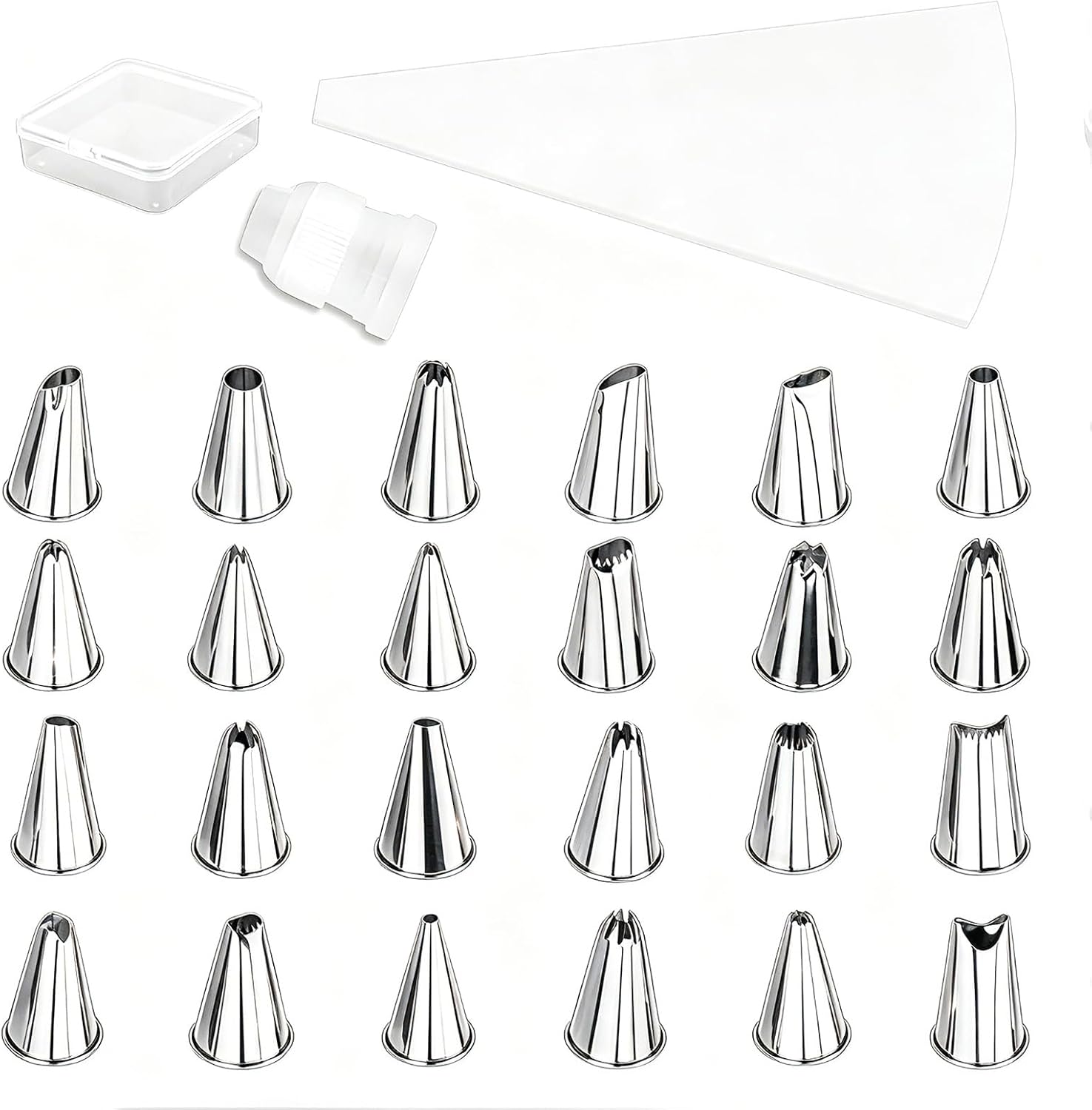 26-teiliges Professionelles Spritztüllen-set Aus Edelstahl, Große Tüllen, Bestehend Aus 24 Edelstahltüllen, Einem Einweg-spritzbeutel Und Einem Kunststoffadapter, Für Die Tortendekoration Zu Hause Ode