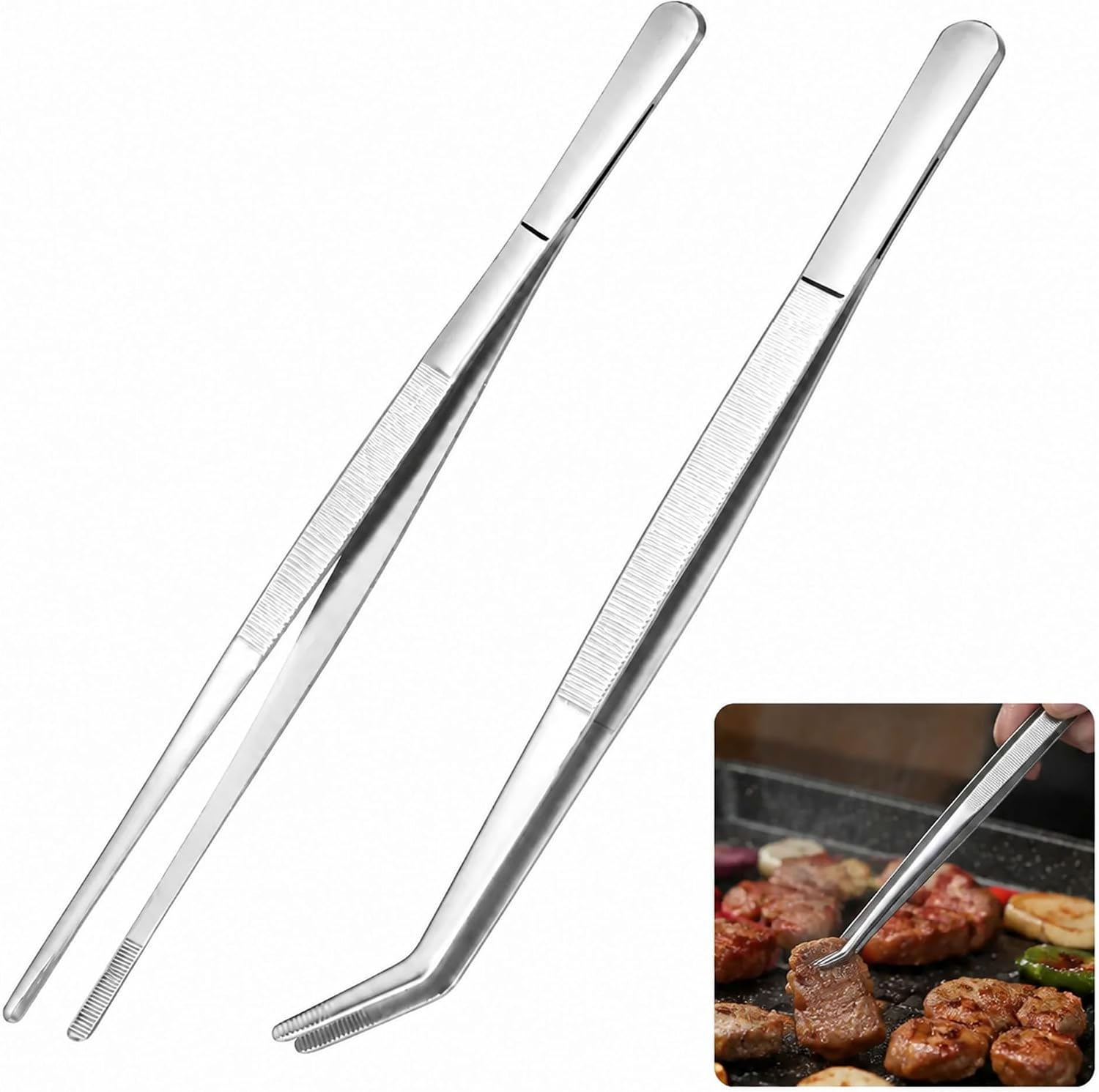 2-teilige Küchenzange Aus Edelstahl, 20 Cm, Eine Gerade Und Eine Gebogene Zange, Präzisionszange Zum Anrichten Und Zubereiten Von Speisen, Küchenutensilien Aus Edelstahl