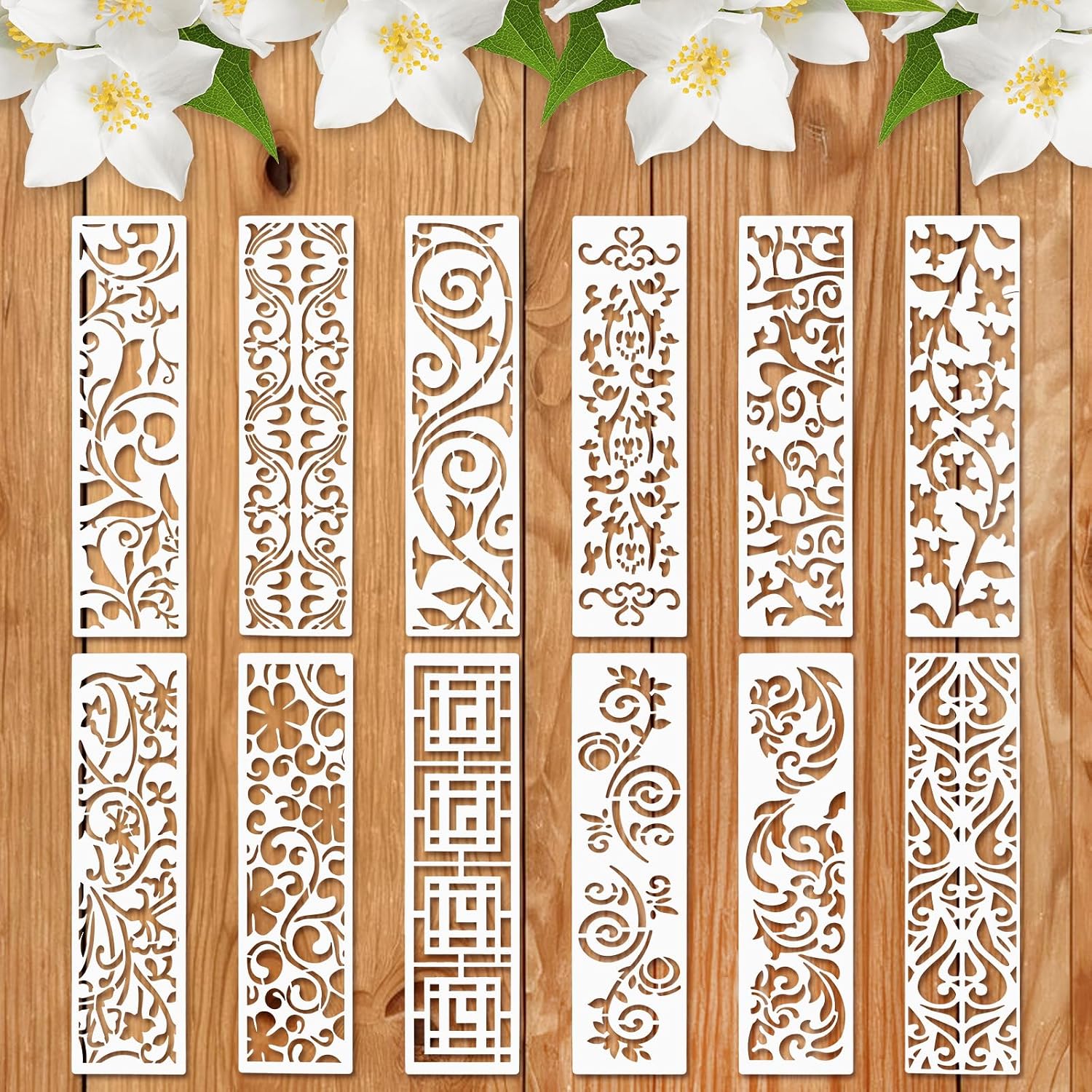 Set Mit 12 Wiederverwendbaren Malschablonen Mit Folienrand Zum Dekorieren Von Möbeln, Kuchen, Holzwänden, Diy-projekten, Bastelarbeiten, Leinwänden, Stoffen Und Wohnaccessoires