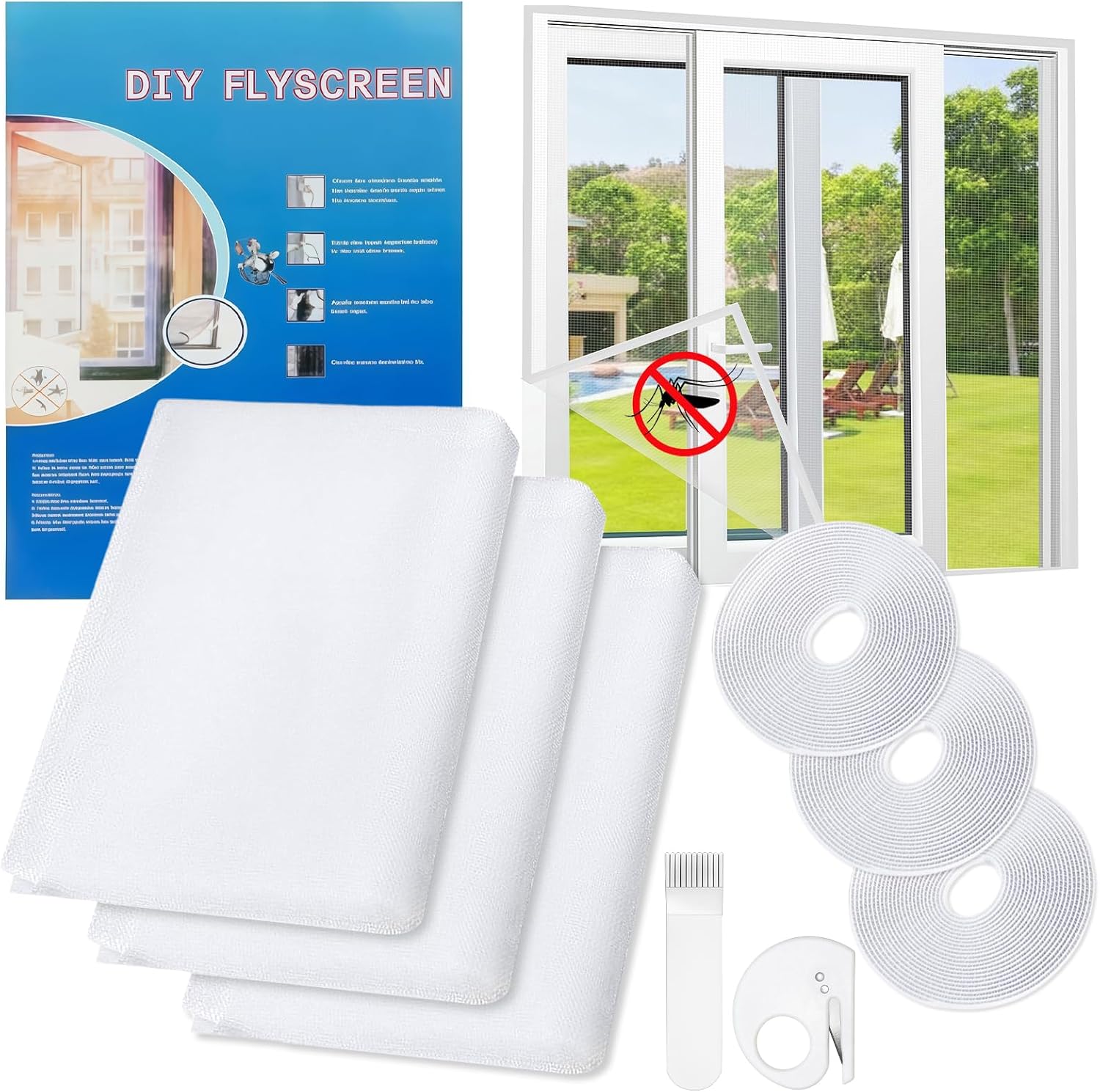 Fenster-moskitonetz Ohne Bohren, 3er-pack, 130 X 150 Cm, Zuschneidbares Insektenschutzgitter, Inklusive 3 Klettstreifen, Klebeband, Cutter Und Druckwerkzeug