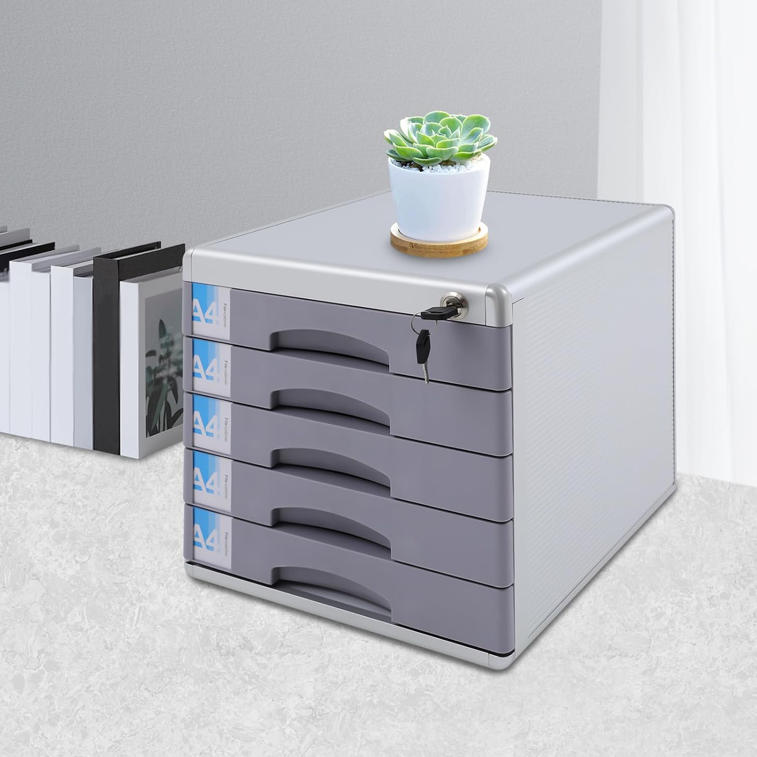 Schubladenbox A4 Mit 5 Schubladen Für Din A4+ Dokumente, Organizer Büro, Inkl. Auszugsperre + Beschriftungsclip, Für Konferenzräume, Klassenzimmer, Büros, 36 X 30 X 30.5 Cm