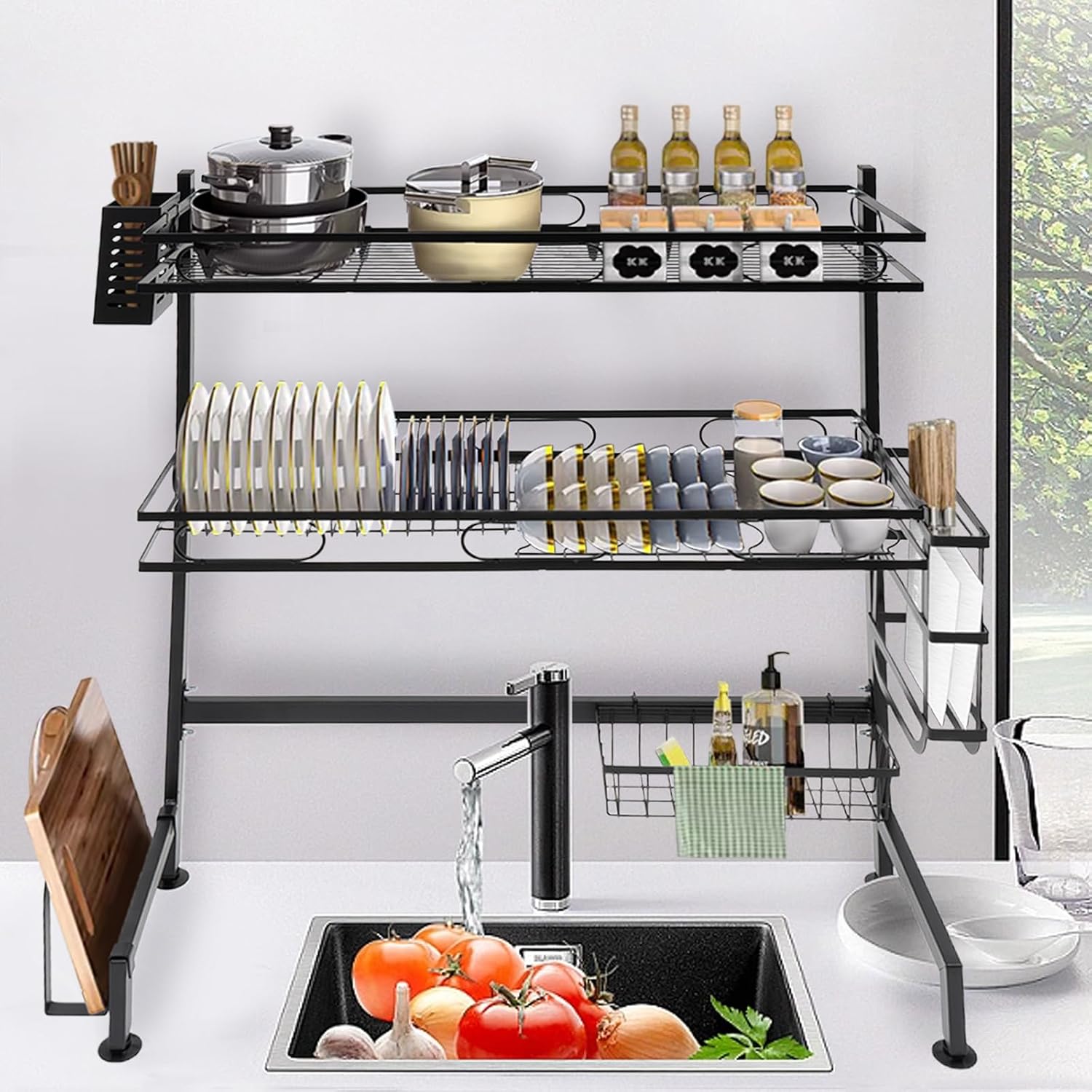 Geschirr Abtropfgestell Über Spüle, 2 Ebenen Edelstahl, Großes Abtropfständer, Mit Utensilienhalter, Schneidebretthalter, Messerblock, Schwarz, 65 X 28 X 82 Cm