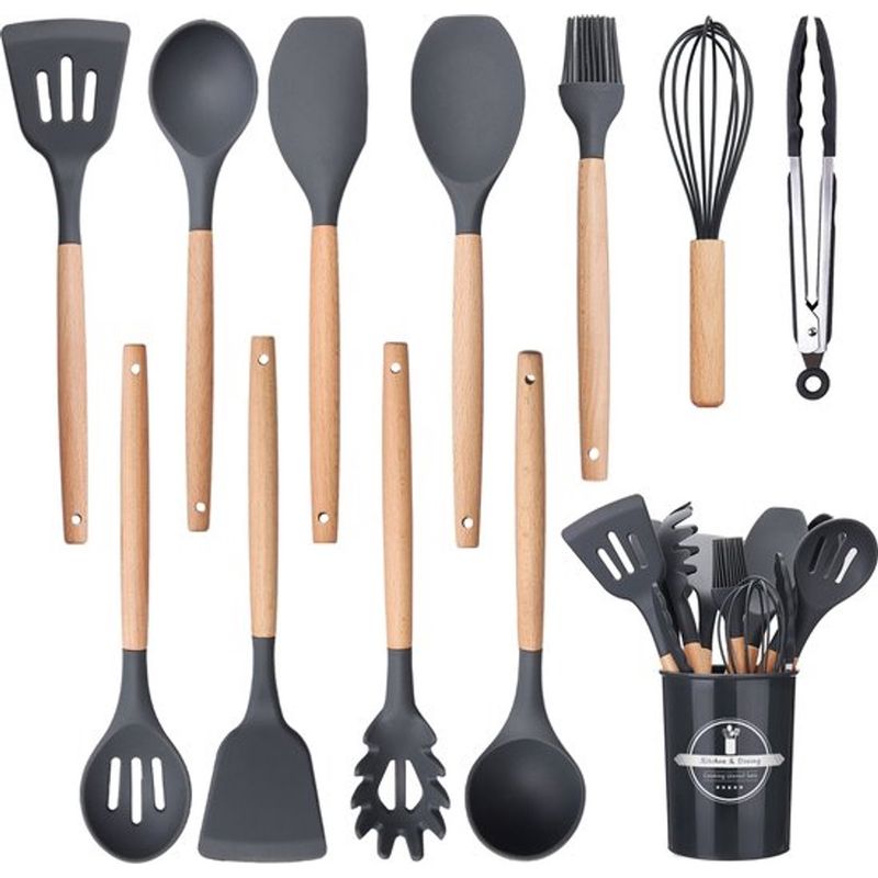 Set Mit 12 Küchenutensilien Aus Silikon Mit Ständer Und Schwarzen Holzgriffen
