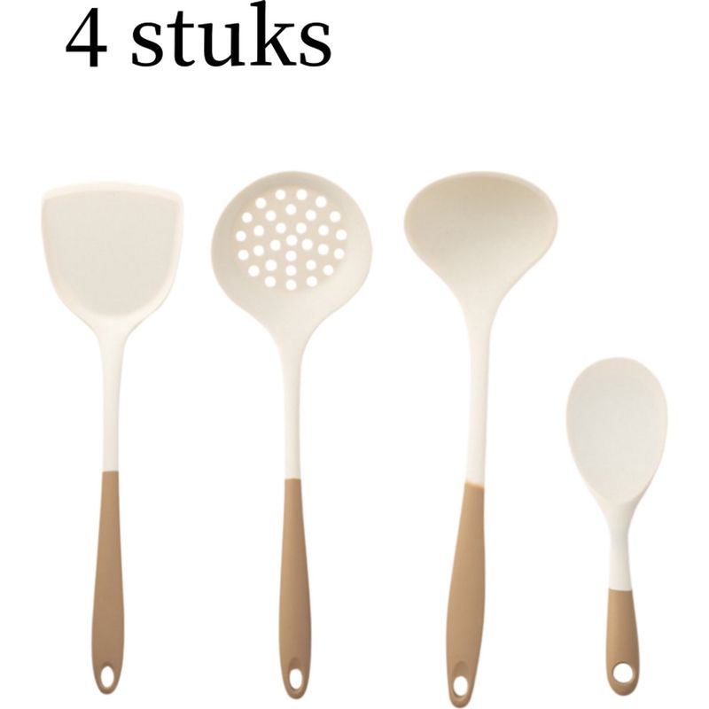 4-teiliges Set Aus Silikon-küchenutensilien, Bestehend Aus Pfannenwender, Löffel, Schaumlöffel, Schöpfkelle Und Reislöffel, Hitzebeständig, Weiß Und Braun