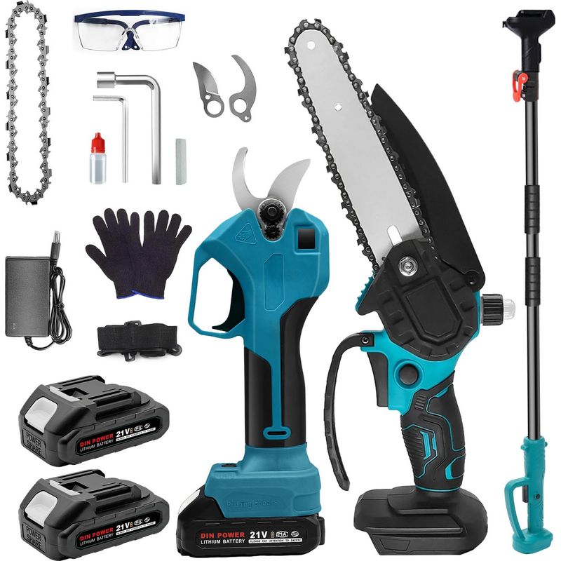 Akku-set Für Hochentaster – Teleskop-elektro-hochentaster Und 15 Cm Mini-kettensäge Mit 2000-mah-akku – Verstellbarer Teleskopstiel (1,1 M Bis 1,7 M) – Zum Beschneiden