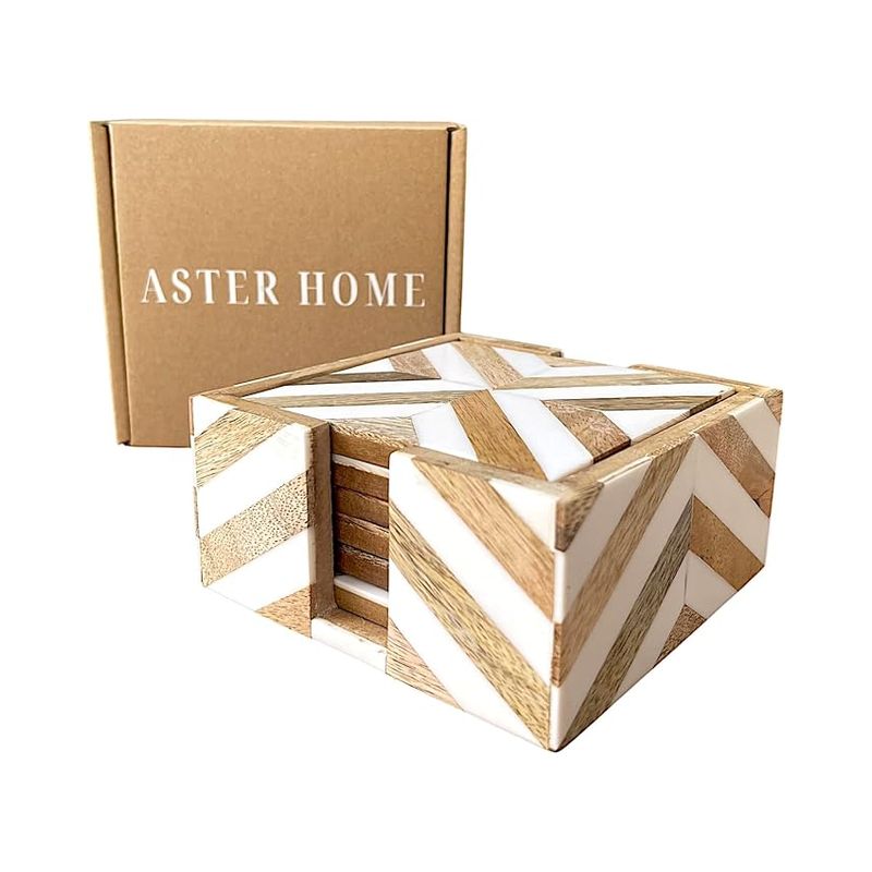 Quadratische Getränkeuntersetzer Mit Ständer, 10 Cm – Retro-untersetzer Aus Holz Und Kunstharz – Tischschoner – (braun Und Weiß)