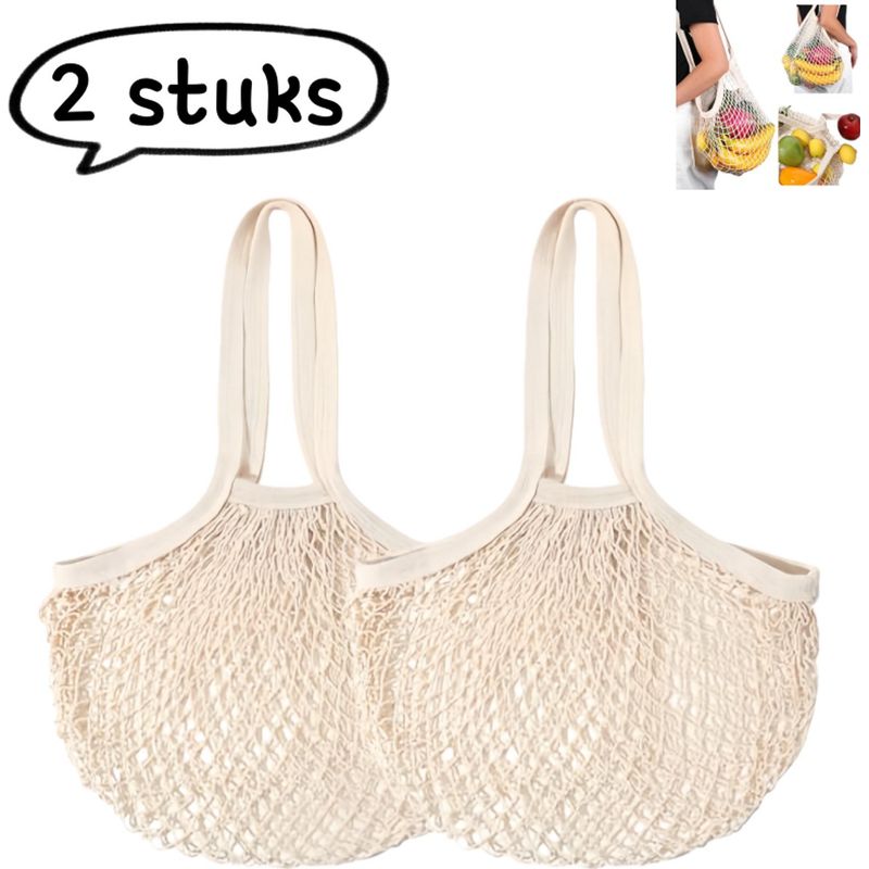 Set Mit 2 Einkaufstaschen Aus Baumwollnetz Mit Henkeln Für Obst Und Gemüse, Cremeweiß