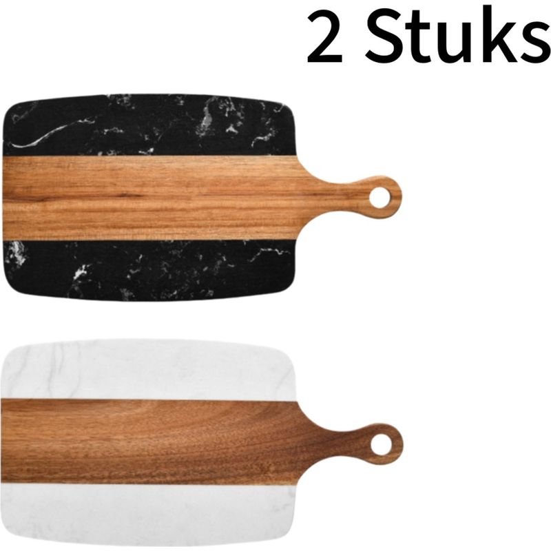 Set Aus 2 Zweifarbigen Schneidebrettern Aus Akazienholz Zum Kochen Und Für Käse