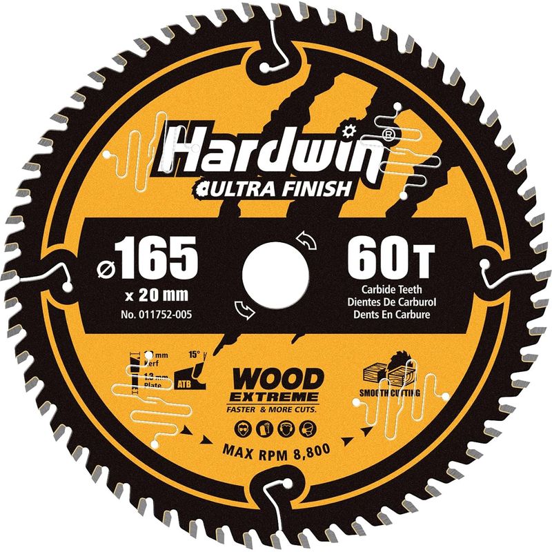 Kreissägeblatt 165x20mm 60 Zähne Hartmetall, Extrafeine Ausführung, 1,8mm Schnittbreite, 8800 U/min, Für Hartholz Und Laminat, 20mm Bohrung (16mm Reduzierring Im Lieferumfang Enthalten)