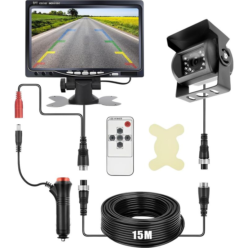Rückfahrkamera-set Mit 7-zoll-lcd-monitor, Wasserdichte, Kabelgebundene Rückfahrkamera Mit Infrarot-nachtsicht Und 18 Leds, 12–24 V, Kabelgebunden Mit 15 M Kabel Für Wohnmobile, Lkw, Anhänger Und Buss