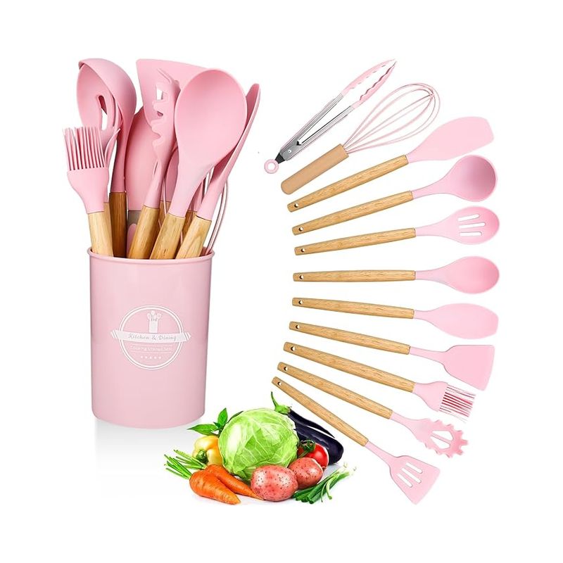 Küchenhelfer-set Aus Silikon Mit Holzgriff Und Hitzebeständigen Silikon-kochlöffeln, Rosa