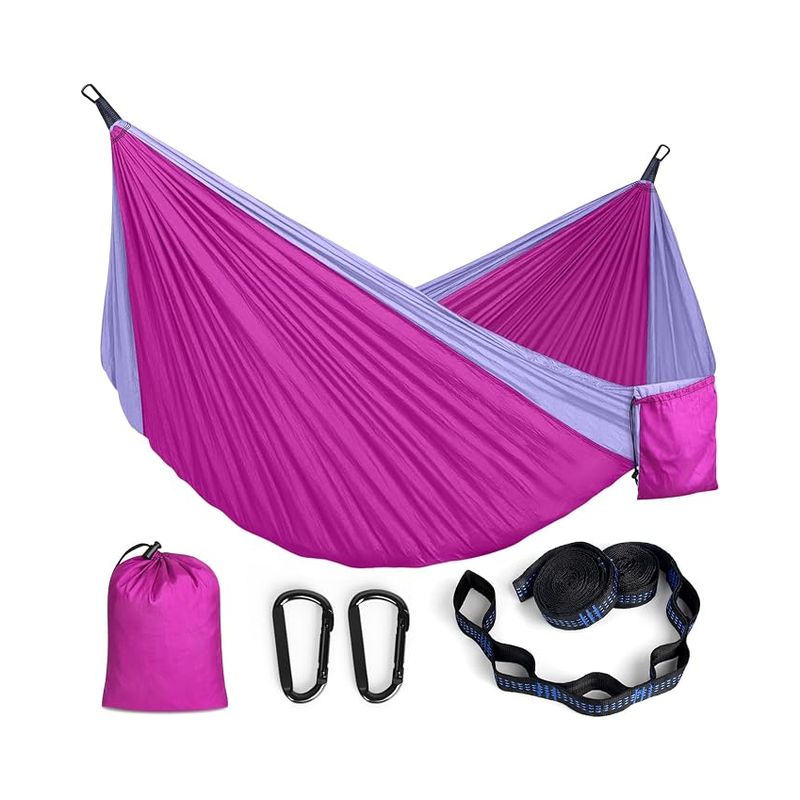 Leichte Hängematte Aus Fallschirmstoff Mit Karabinern Und Gurten Für Reisen, Camping, Wandern Und Gartenarbeit, 295 X 140 Cm, Tragkraft 350 Kg, Pink Und Lila