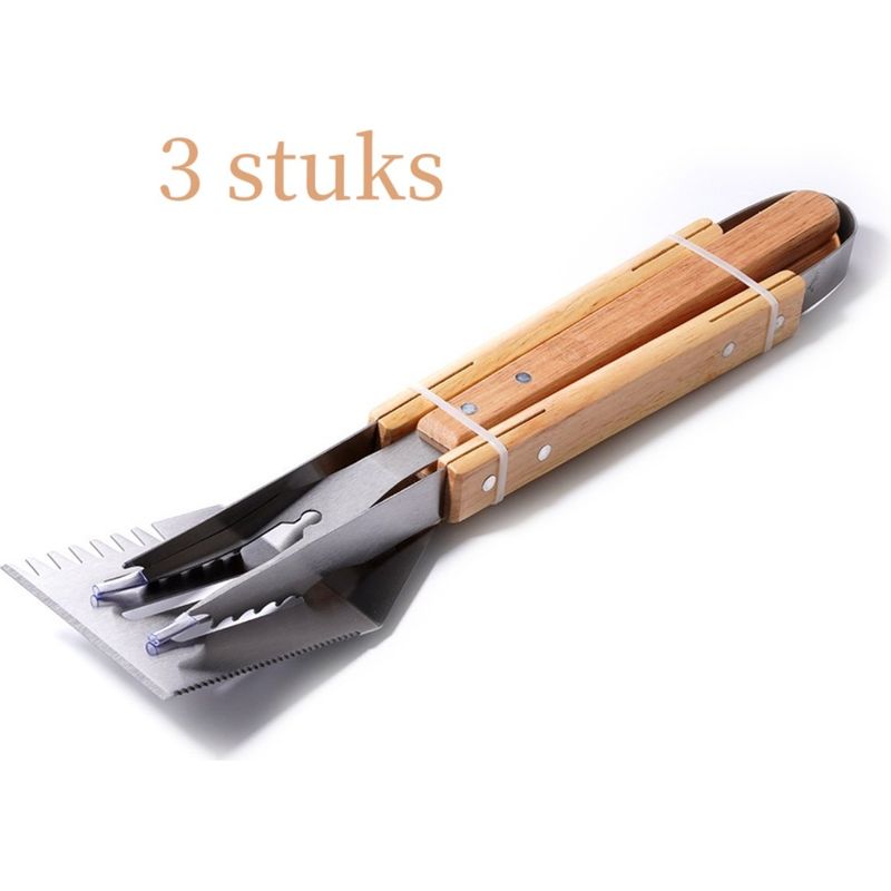 3-teiliges Grillbesteck-set Aus Edelstahl Und Holz, Bestehend Aus Gabel, Pfannenwender Und Messer Für Das Kochen Im Freien