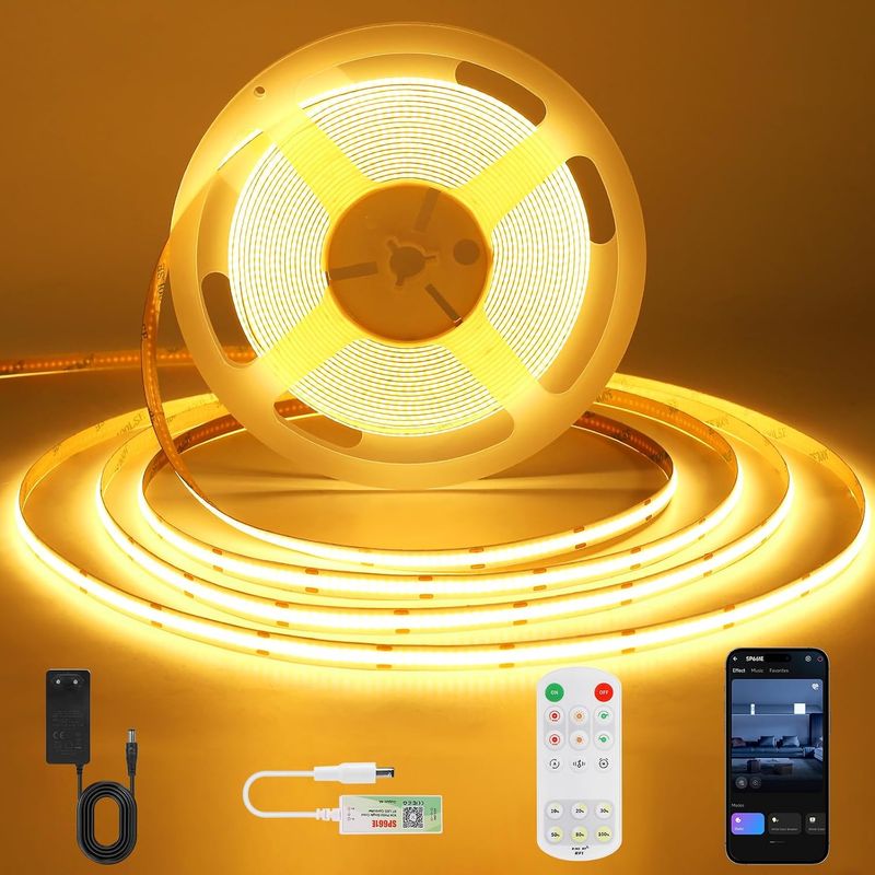 Ruan Warmweiße Led-cob-led-leiste, Dimmbar Mit App- Und Fernbedienungssteuerung, Timerfunktion, 8 Mm Breit, 5 M Lang, 2700 K, Für Schlafzimmer, Wand, Küche, Wohnzimmer.