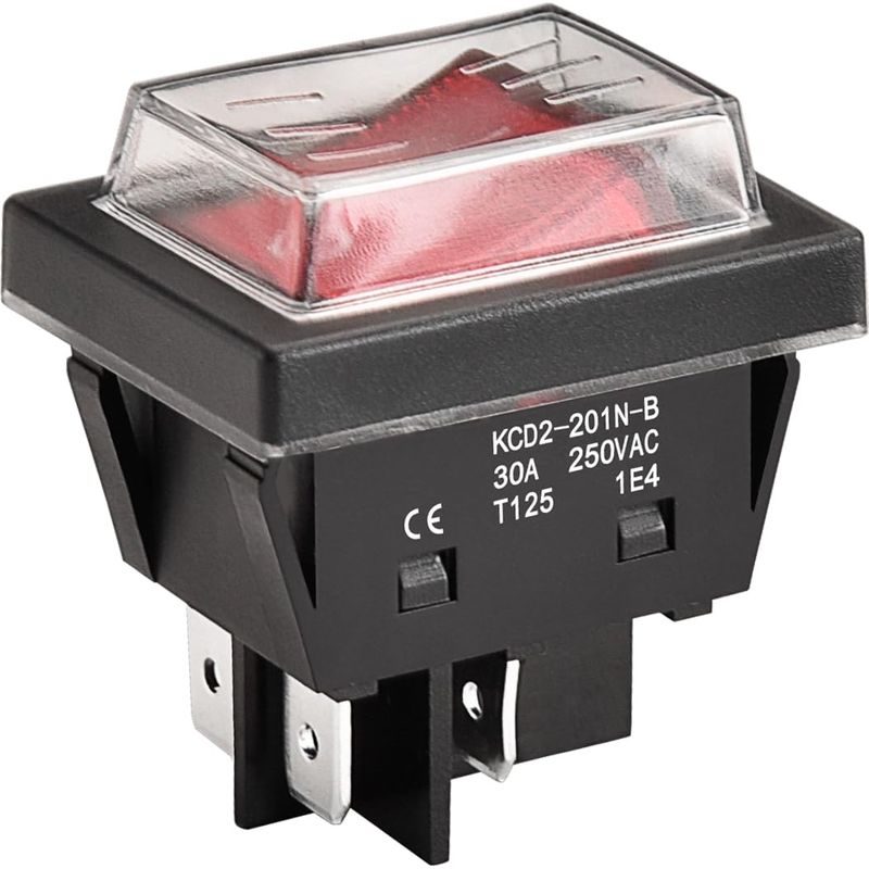 Hochstrom-wippschalter, 30 A 250 V Ac, Ein-aus 2 Positionen, Dpst, 4 Anschlüsse, T125, Mit Wasserdichter Abdeckung (1, Rot)