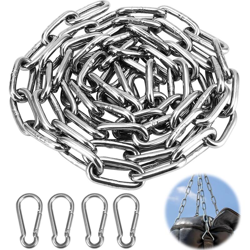 2 M Lange Edelstahlkette, 3 Mm Glieder. Verlängerungskette Mit Karabiner. Runde Stahlkette, Meterware, Für Hundeketten, Schaukeln, Verankerungen Und Hängesessel.