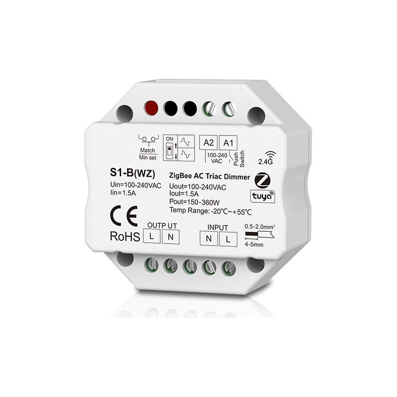 Scr Zigbee-rf 1-kanal 1,5a Dimmerschalter (phasentrennung Mit Dip-schalter) S1-b(wz) Ac100-240v