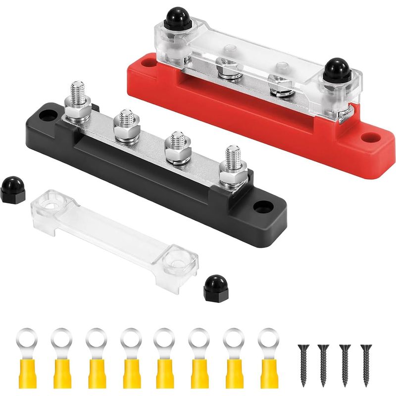 2-teiliger 12v-48v Dc-sammelschienen-klemmenblock 150a, Stromverteilerblock Mit 4 X M6-klemmenbolzen, Mit 8 Verdrahtungsanschlussklemmen, Für Auto, Lkw, Boot (rot Schwarz)