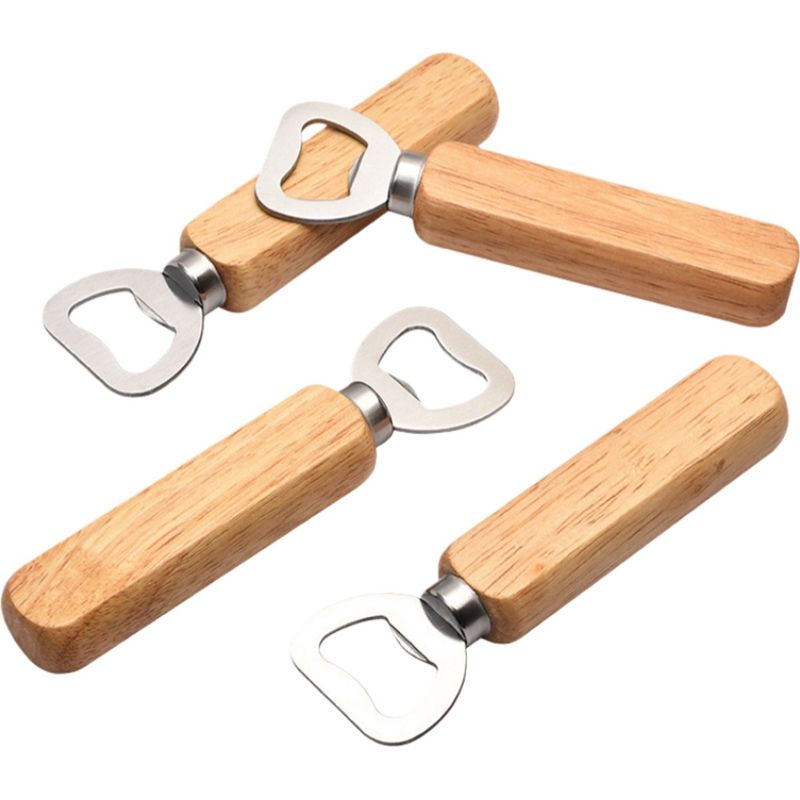 Set Mit 4 Flaschenöffnern Aus Edelstahl Mit Griffen Aus Gummibaumholz, 14 X 4 X 1,7 Cm, Naturfarben