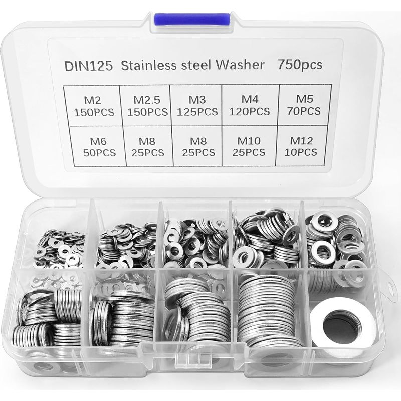 Packung Mit 750 Sortierten Edelstahl-unterlegscheiben In 9 Größen (m2, M2,5, M3, M4, M5, M6, M8, M10, M12). Robuste Metallscheiben Für Reparaturen, Heimwerken Und Bauprojekte.