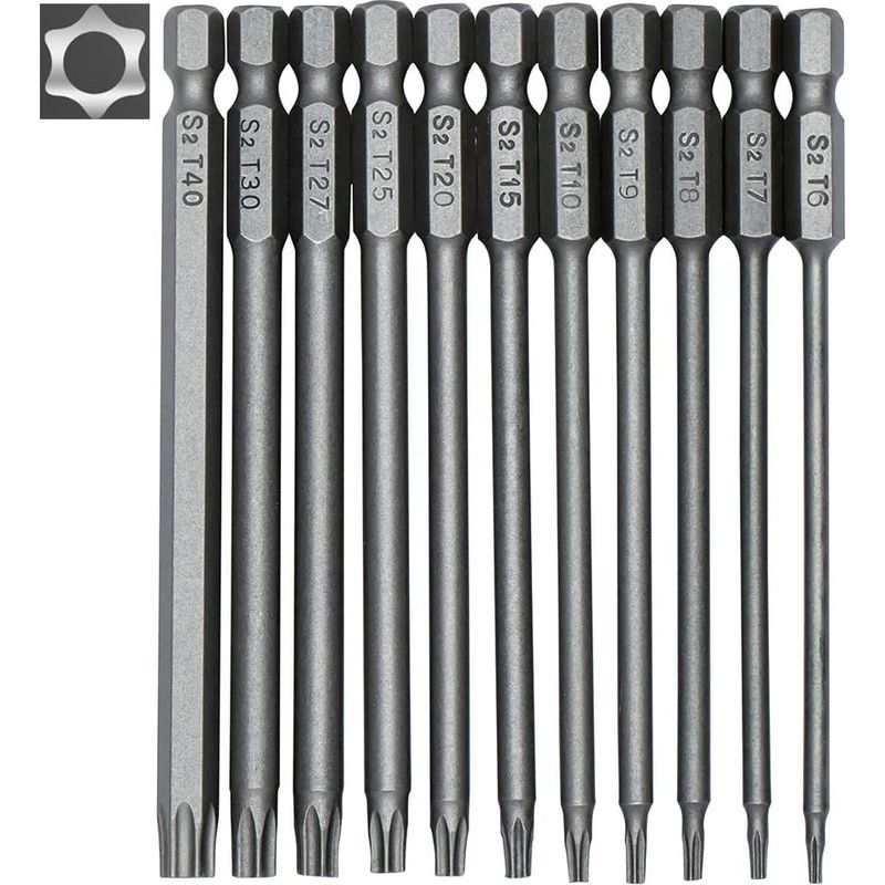 Inhhub 11-teiliges Langes Torx-bit-set Für Schraubendreher Und Bohrmaschinen – Magnetische Bits – 1/4"-sechskantschaft – Größen T6 Bis T40 – Länge 100 Mm – Inhhub