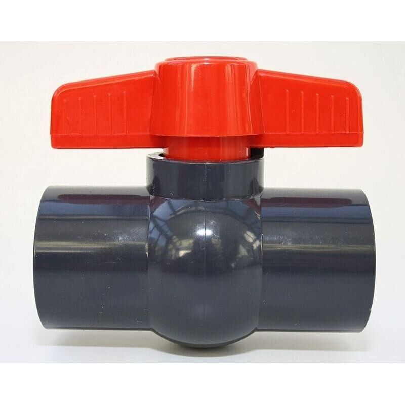 50-mm-pvc-kugelhahn, Zwei 1 1/2-zoll-klebehülsen, 10 Bar Druck, Auslaufsicher.