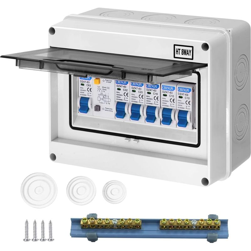 Wasserdichter Elektroverteilerkasten Mit Kupferstreifen, 63-a-leistungsschalter, 2 X 10 A + 16 A + 20 A + 32 A Ac-trennschalter Für Haus/büro, 35-mm-schienenmontage