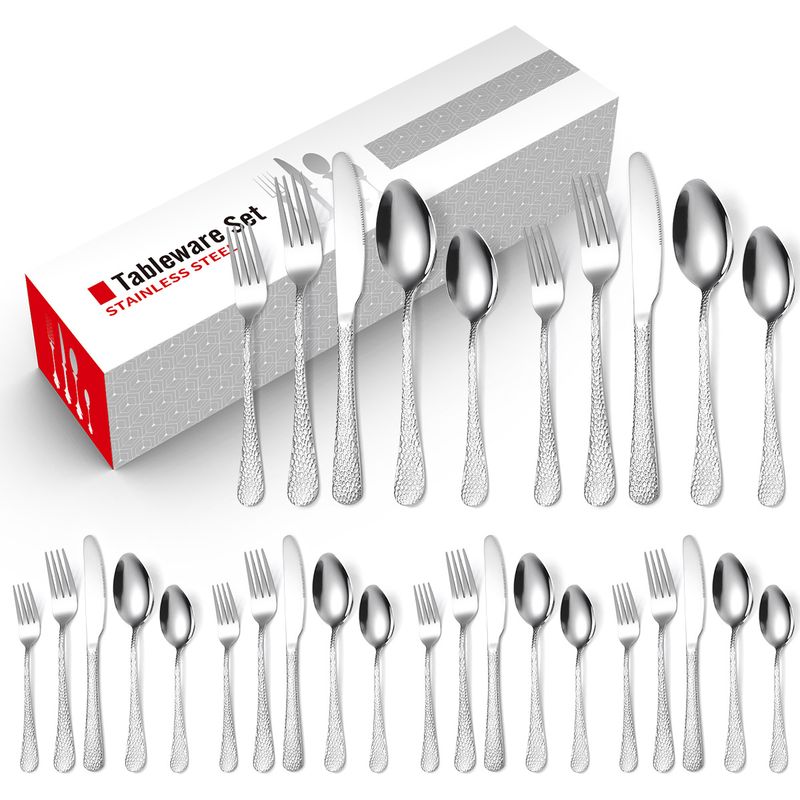 24-teiliges Edelstahl-besteckset Für 4 Personen – Gehämmertes Design, Lebensmittelechter Edelstahl, Gabeln, Messer Und Löffel, Spülmaschinenfest, Silber